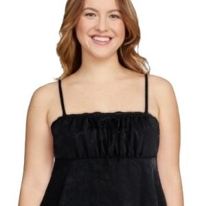 NWT Black Satin Lace Trim Valentine Cami Tie Front Smocked Back size XXL